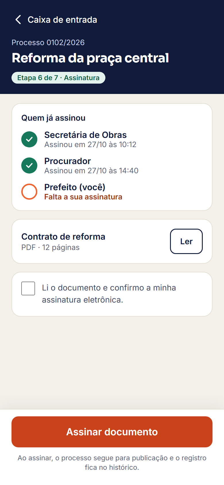 Tela de celular do Paper7 com a lista de quem já assinou e o botão de assinar. Dados fictícios.